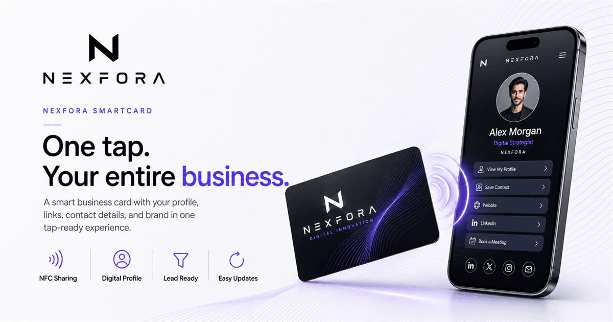 A black NEXFORA SmartCard activating a digital business profile on a smartphone
